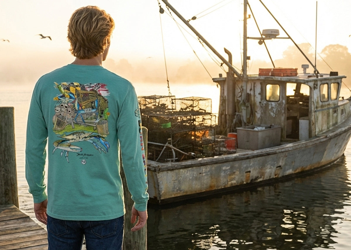 Born Salty Maryland Blue Crab Long Sleeve Cotton Garment-Dyed Seafoam T-Shirt