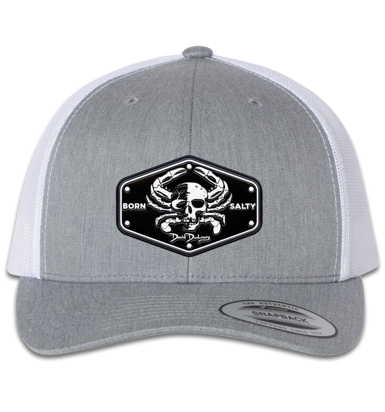 Born Salty Skull Crab 6 Panel Trucker Snap Back Hat Heather Grey White