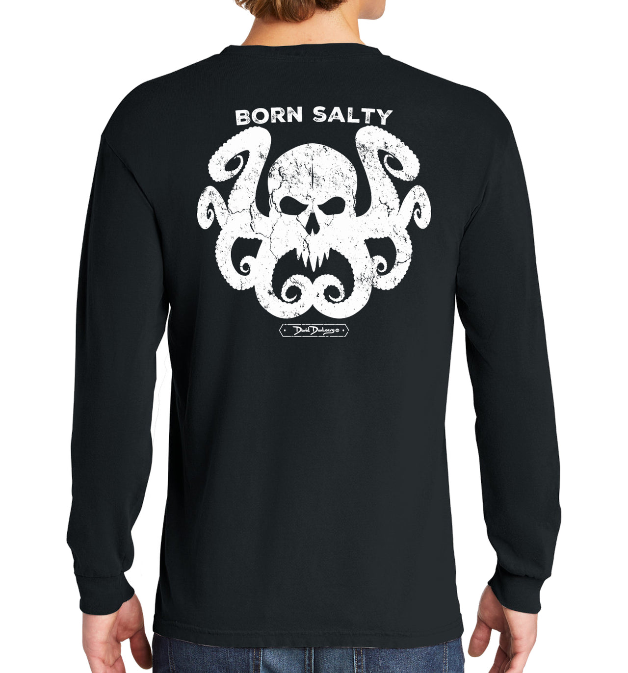 Men's Born Salty Octo Skull Long Sleeve Cotton Garment-Dyed Black T-Shirt