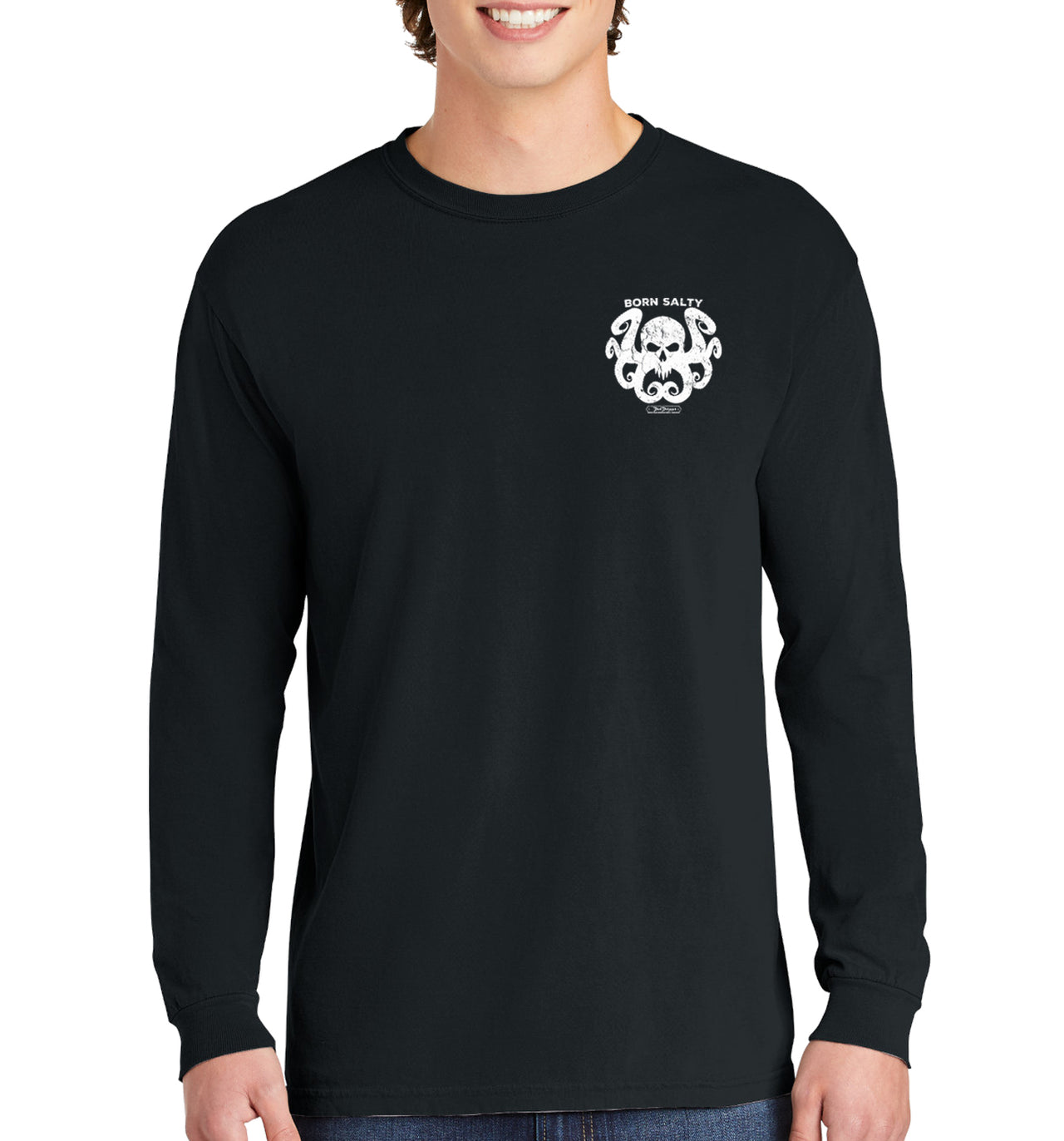 Men's Born Salty Octo Skull Long Sleeve Cotton Garment-Dyed Black T-Shirt