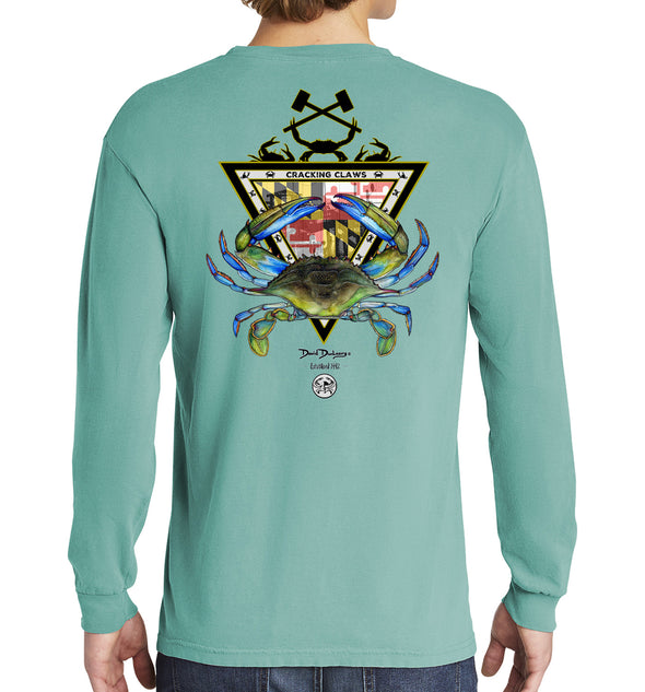Maryland Blue Crab Long Sleeve Cotton Garment-Dyed Seafoam T-Shirt