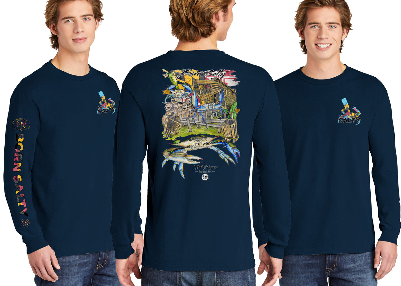 Born Salty Maryland Blue Crab Long Sleeve Cotton Garment-Dyed True Navy T-Shirt