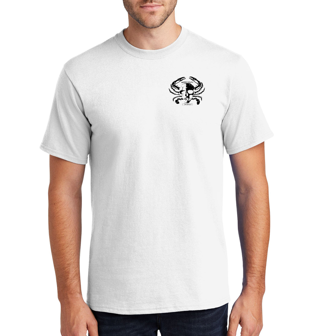 Men's Born Salty Skull Crab Short Sleeve White Cotton T-Shirt