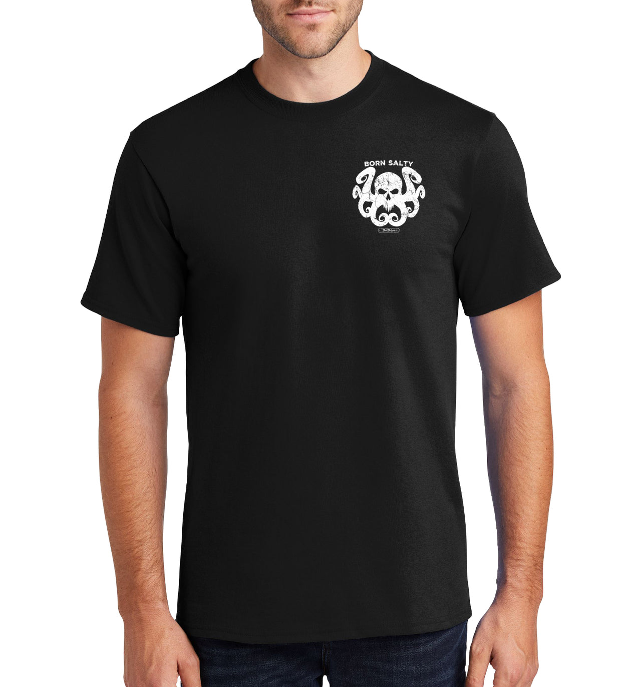 Men's Born Salty Octo Skull Short Sleeve Black Cotton T-Shirt