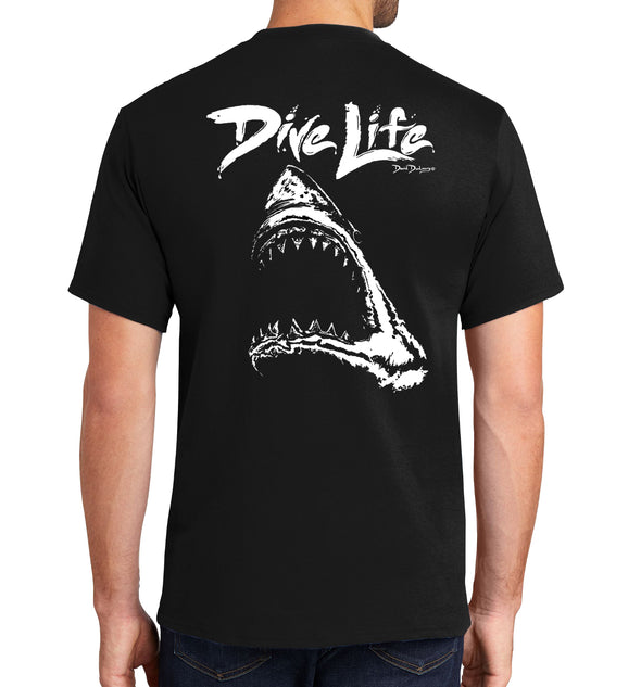 Men's Dive Life Great White Shark Short Sleeve Black Cotton T-Shirt