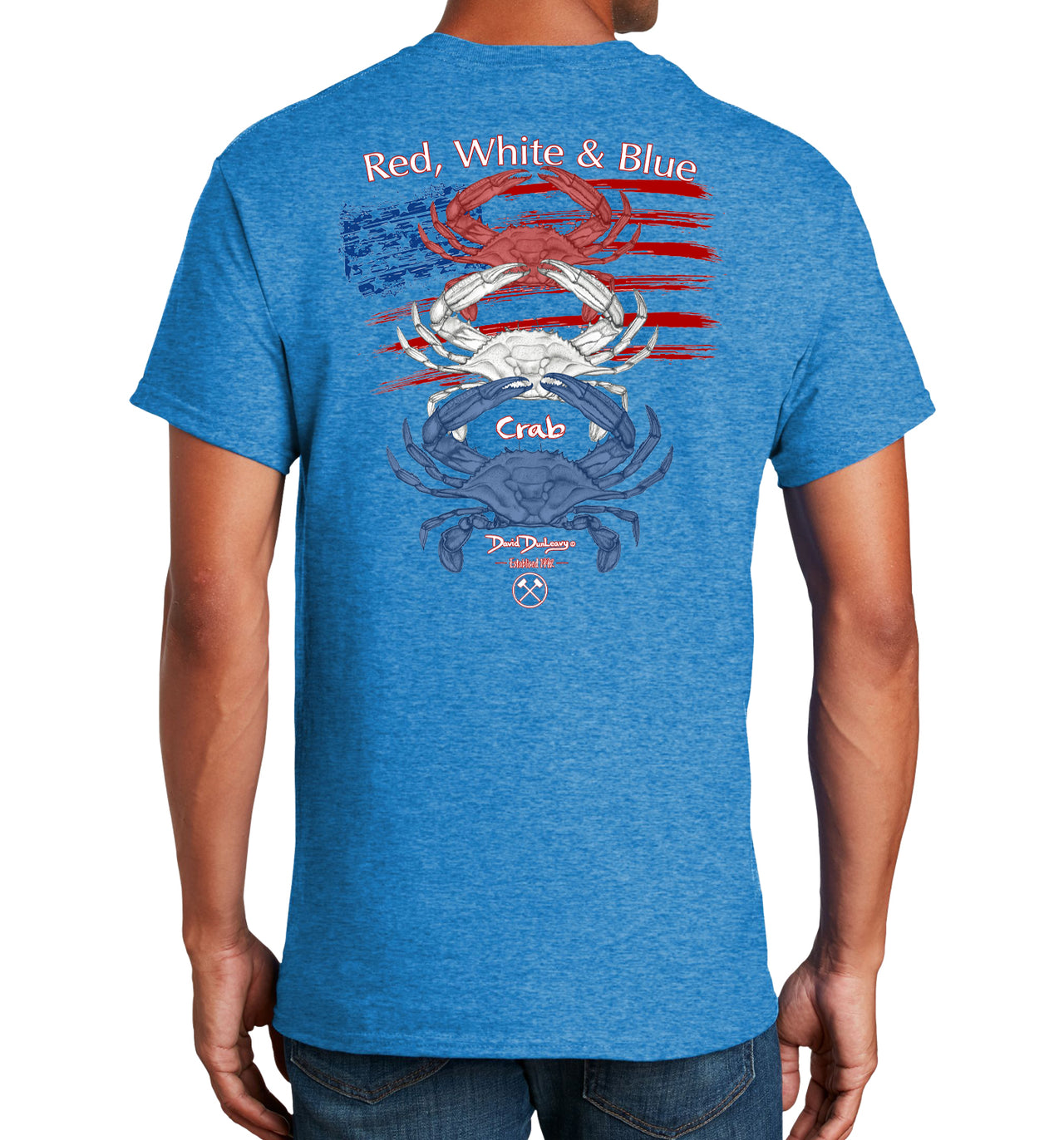 Men's Red White & Blue Crab Short Sleeve Heathered Sapphire Cotton T-Shirt
