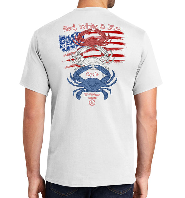 Men's Red White & Blue Crab Short Sleeve White Cotton T-Shirt