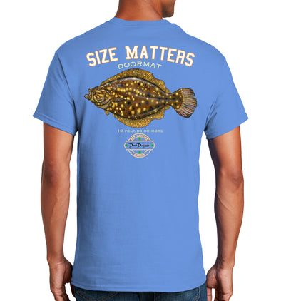 Men's Size Matters Flounder Short Sleeve Carolina Blue Cotton T-Shirt