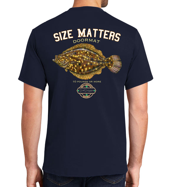 Men's Size Matters Flounder Short Sleeve Navy Cotton T-Shirt