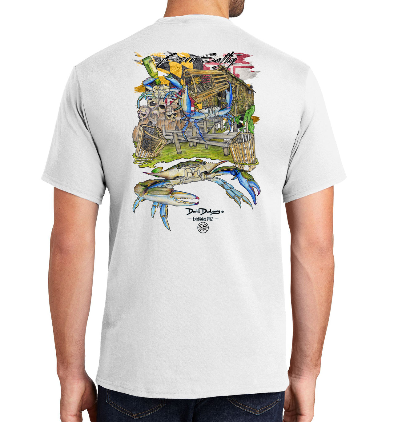 Men's Born Salty Maryland Blue Crab Short Sleeve White Cotton T-Shirt