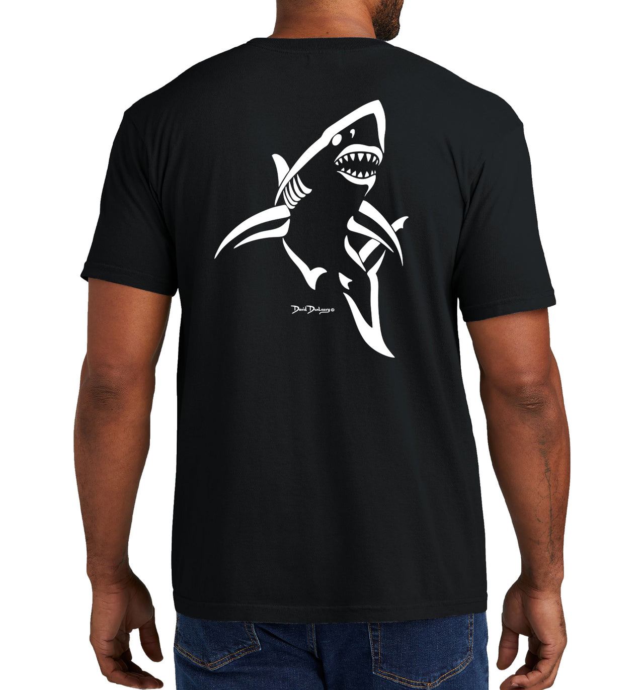 Men's Shark Deco Short Sleeve Garment Dyed Black Pocket T-Shirt