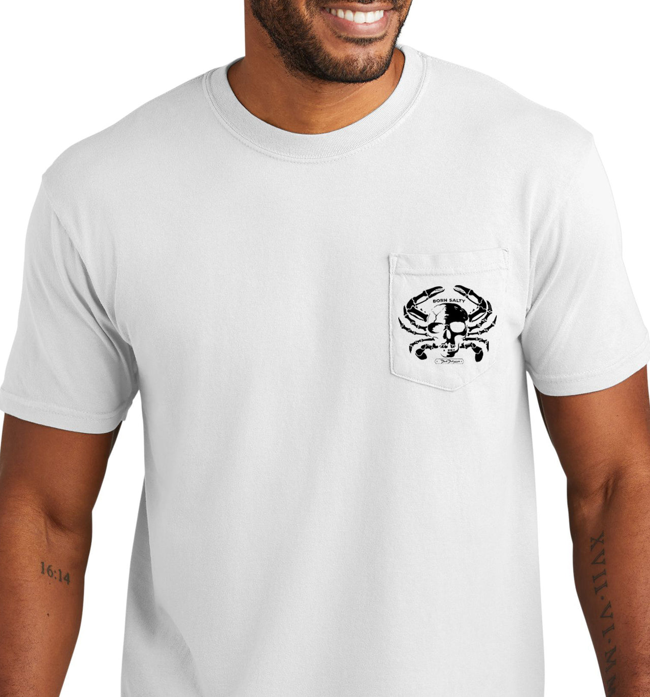 Men's Born Salty Skull Crab Short Sleeve Garment Dyed White Pocket T-Shirt