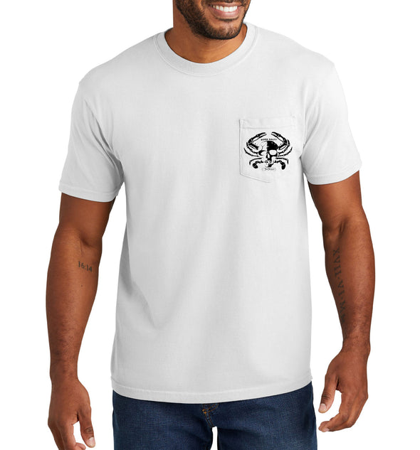 Men's Born Salty Skull Crab Short Sleeve Garment Dyed White Pocket T-Shirt