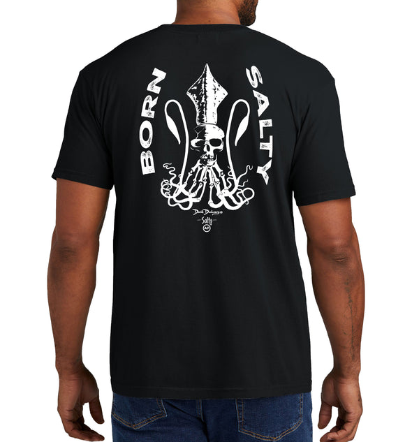 Men's Born Salty Skull Kraken Short Sleeve Garment Dyed Black Pocket T-Shirt