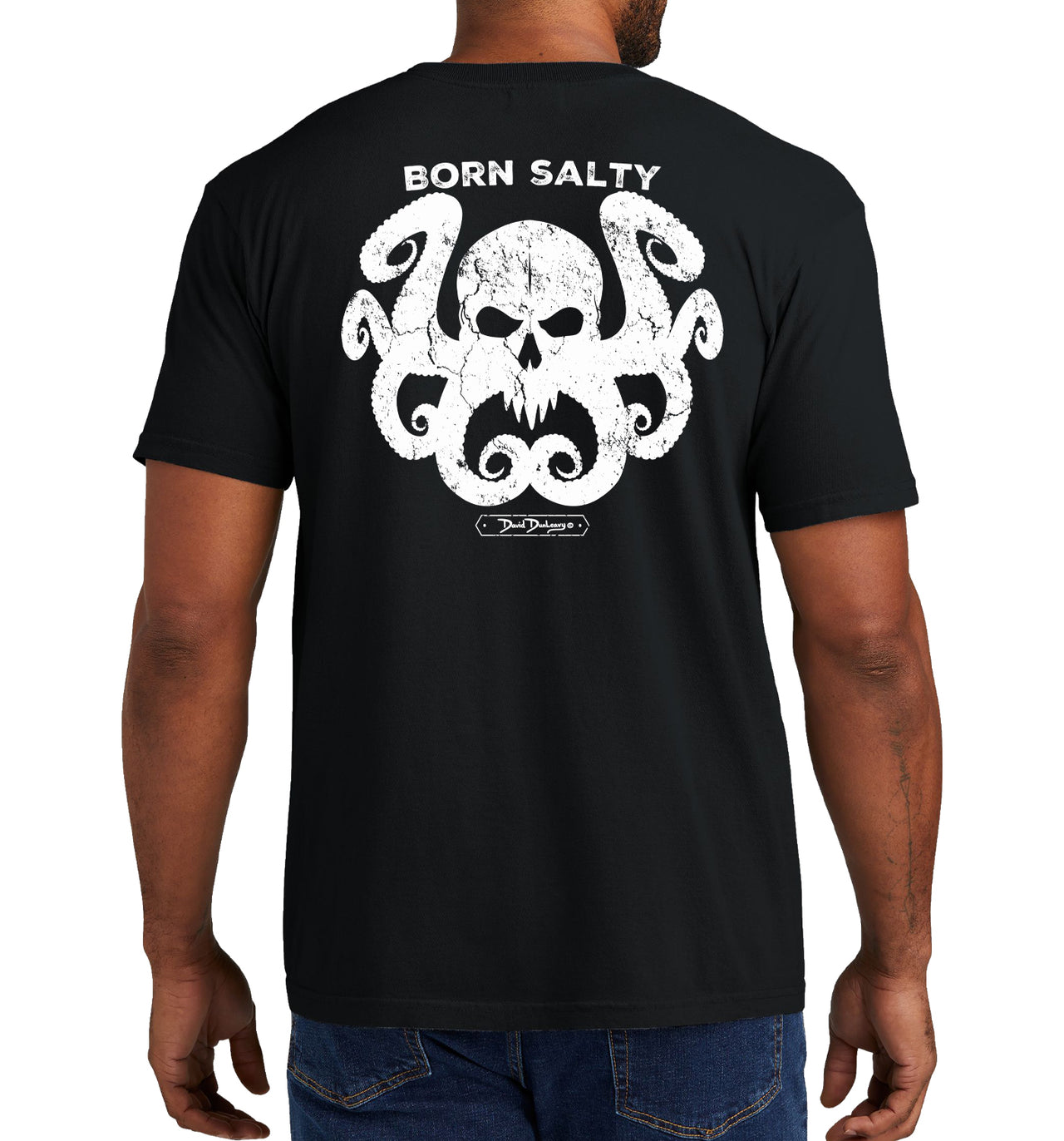 Men's Born Salty Octo Skull Short Sleeve Garment Dyed Black Pocket T-Shirt