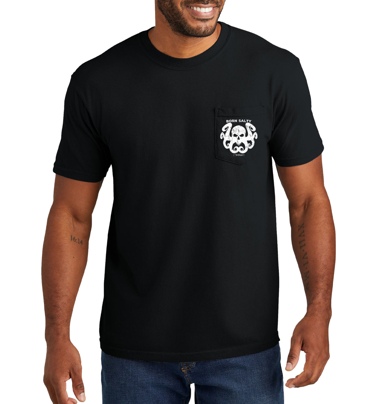 Men's Born Salty Octo Skull Short Sleeve Garment Dyed Black Pocket T-Shirt