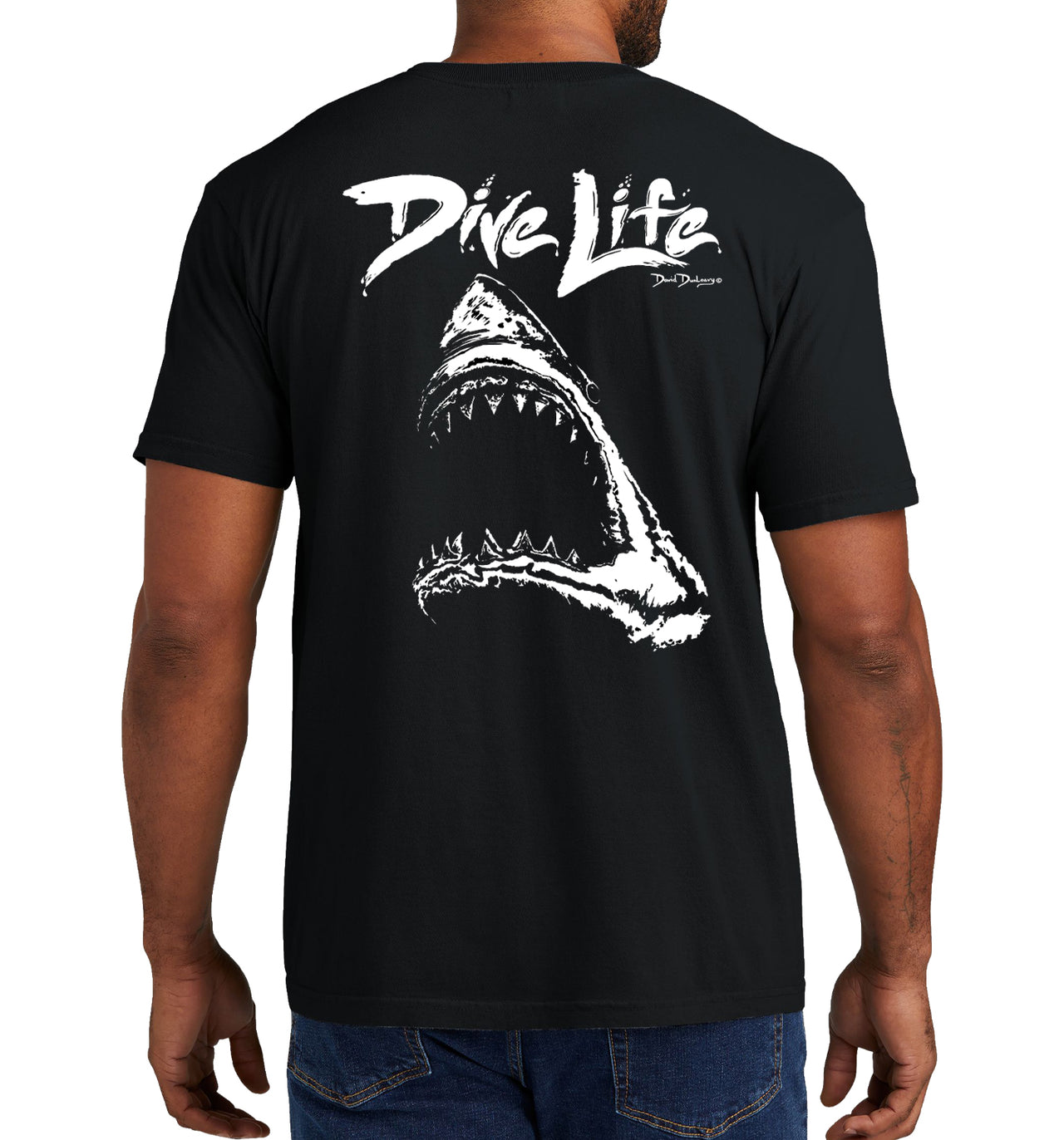 Men's Dive Life Great White Shark Short Sleeve Garment Dyed Black Pocket T-Shirt