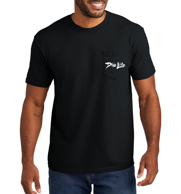 Men's Dive Life Great White Shark Short Sleeve Garment Dyed Black Pocket T-Shirt