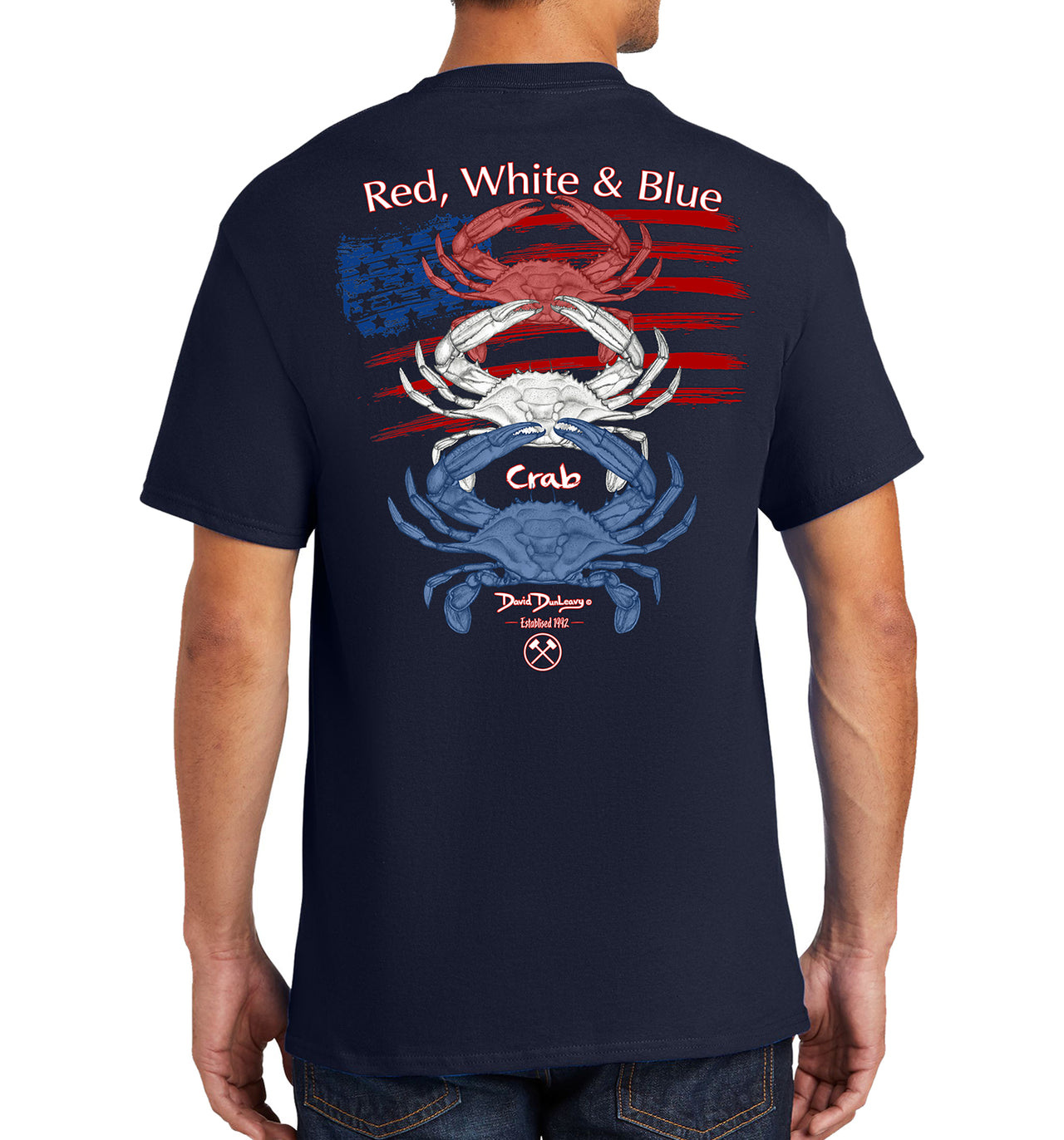 Men's Red, White & Blue Crab Short Sleeve Cotton Navy Pocket T-Shirt
