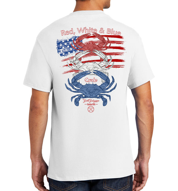 Men's Red, White & Blue Crab Short Sleeve Cotton White Pocket T-Shirt