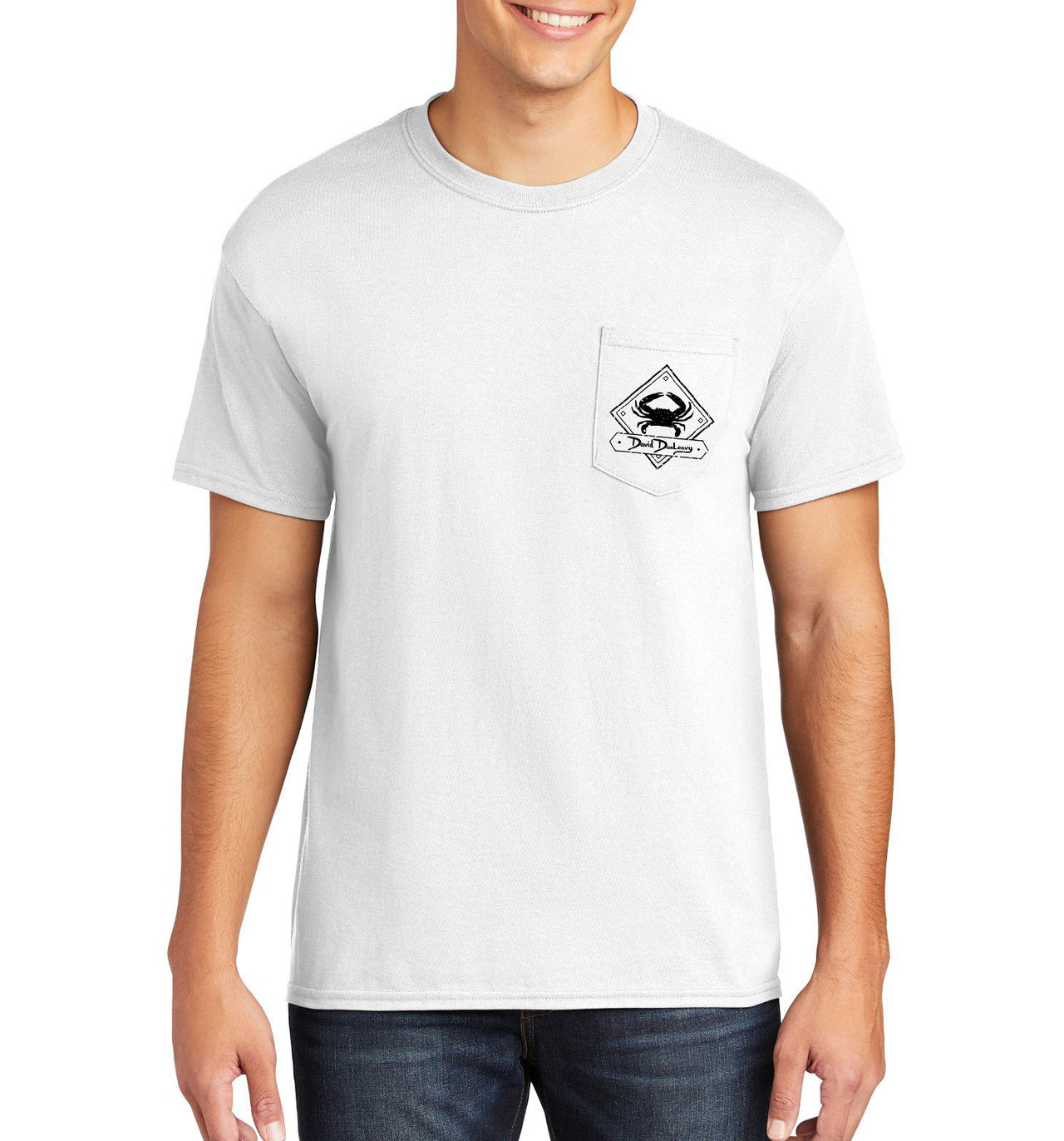 Men's Red, White & Blue Crab Short Sleeve Cotton White Pocket T-Shirt