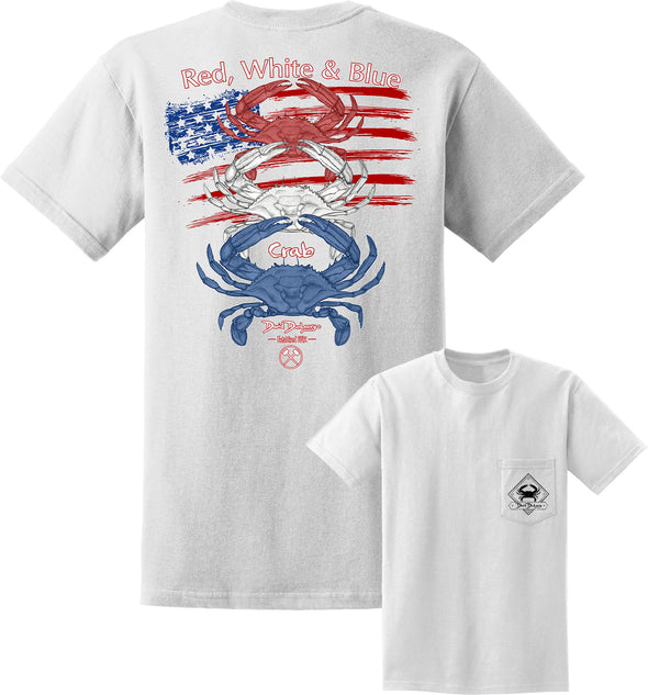 Men's Red, White & Blue Crab Short Sleeve Cotton White Pocket T-Shirt