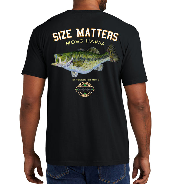 Men's Size Matters Largemouth Bass Short Sleeve Garment Dyed Black Pocket T-Shirt