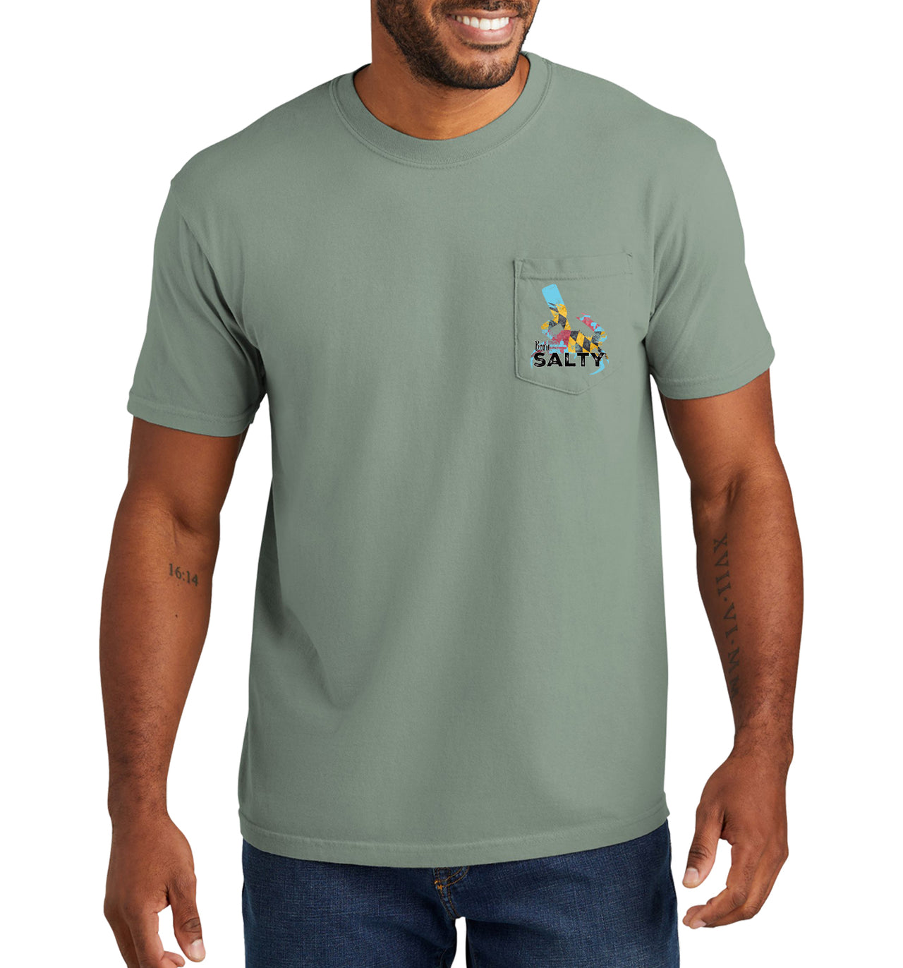 Men's Born Salty Maryland Blue Crab Short Sleeve Garment Dyed Bay Pocket T-Shirt