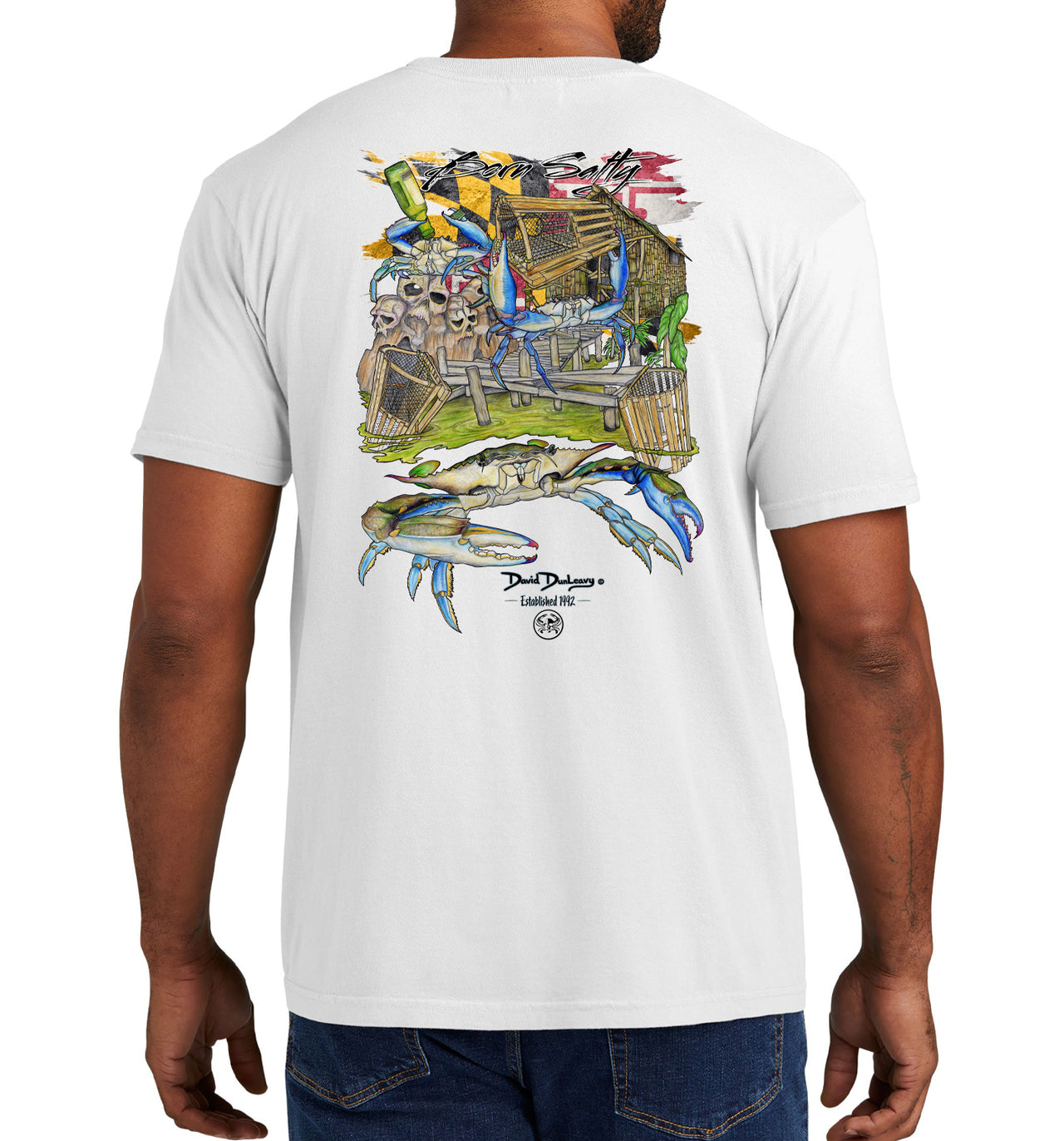 Men's Born Salty Maryland Blue Crab Short Sleeve Garment Dyed White Pocket T-Shirt
