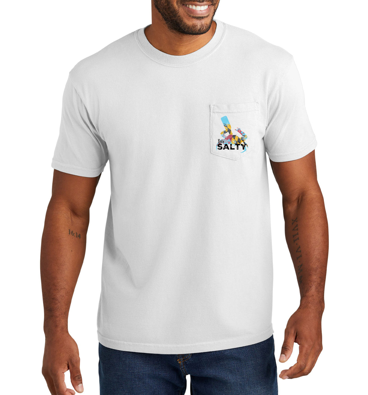 Men's Born Salty Maryland Blue Crab Short Sleeve Garment Dyed White Pocket T-Shirt