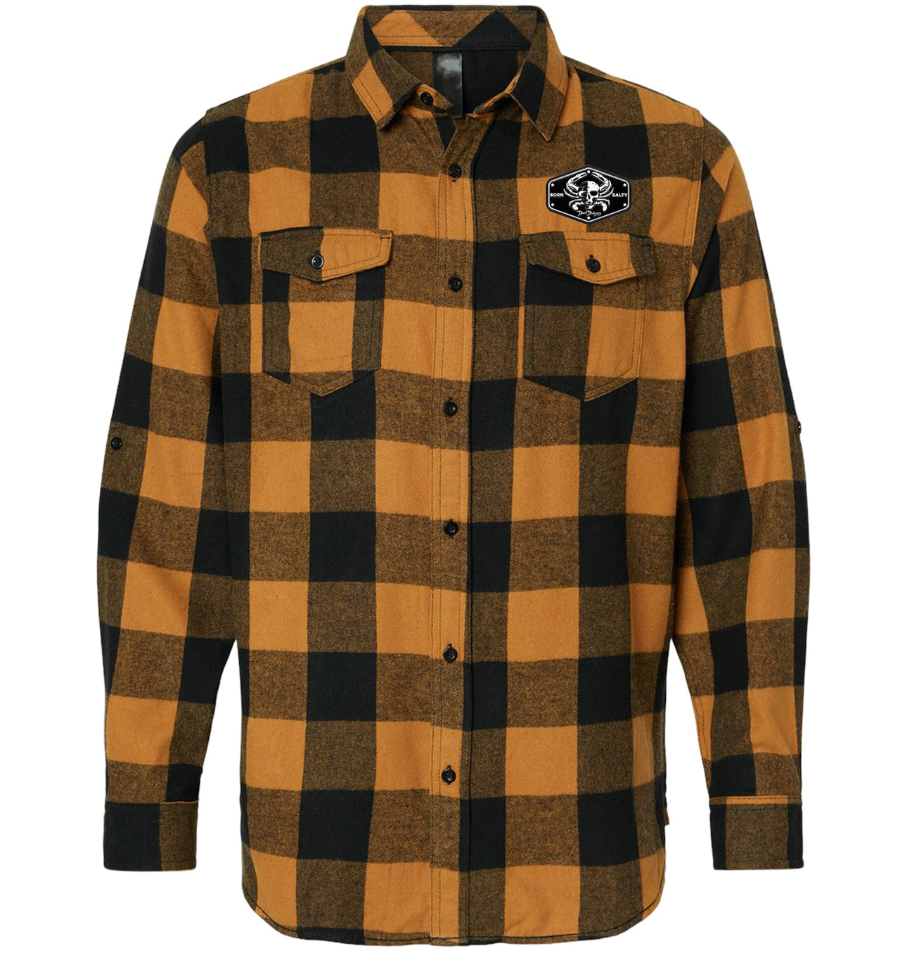 Men’s Born Salty Skull Crab Tobacco Black Buffalo Flannel Shirt