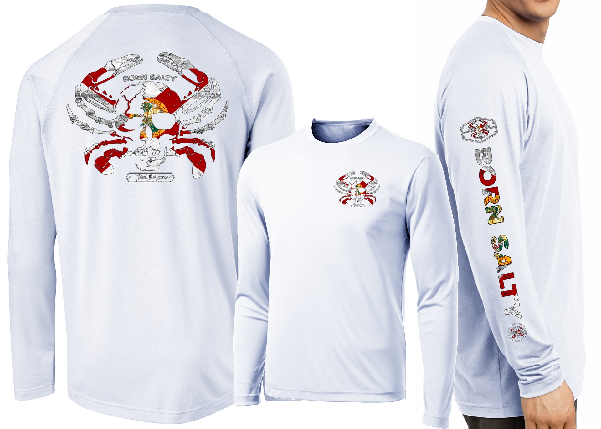 White long-sleeve performance shirt shown from the back, front, and side on a model. The back features a large red and gray crab graphic with a fisherman and the text 'BORN SALTY'.