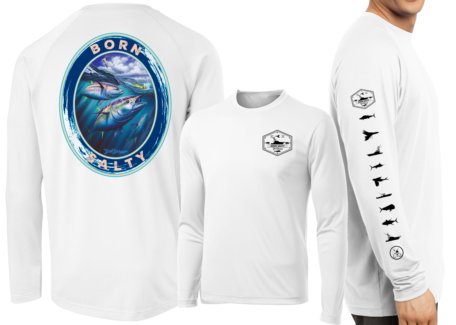 White long-sleeve shirt with fishing-themed designs on the front and back
