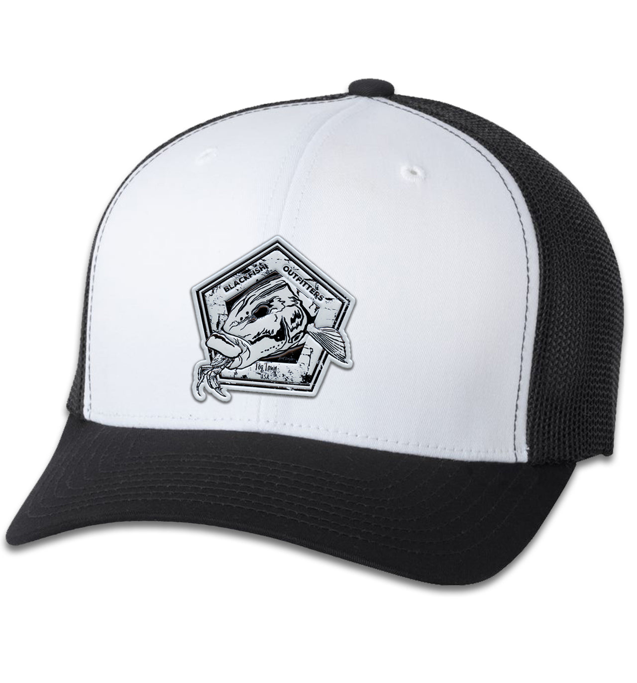 Blackfish Outfitters 6 Panel Trucker Flexfit Black White Black Hat