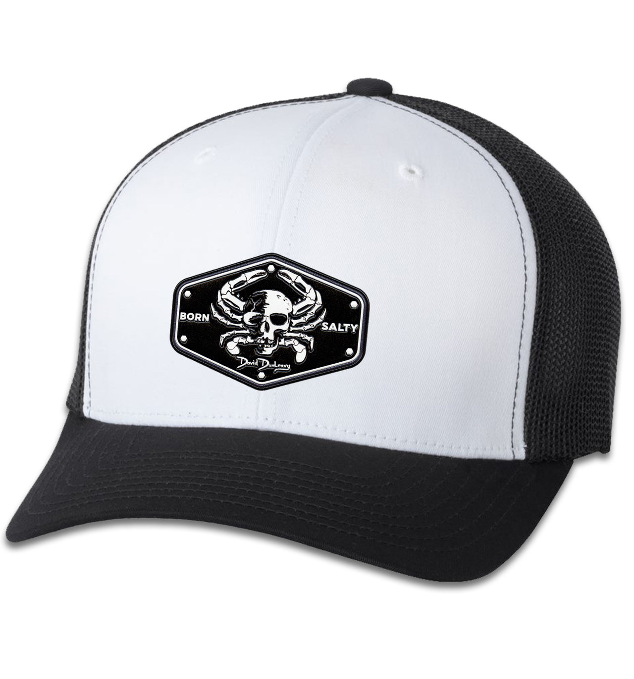Born Salty Skull Crab 6 Panel Trucker Flexfit Black White Black
