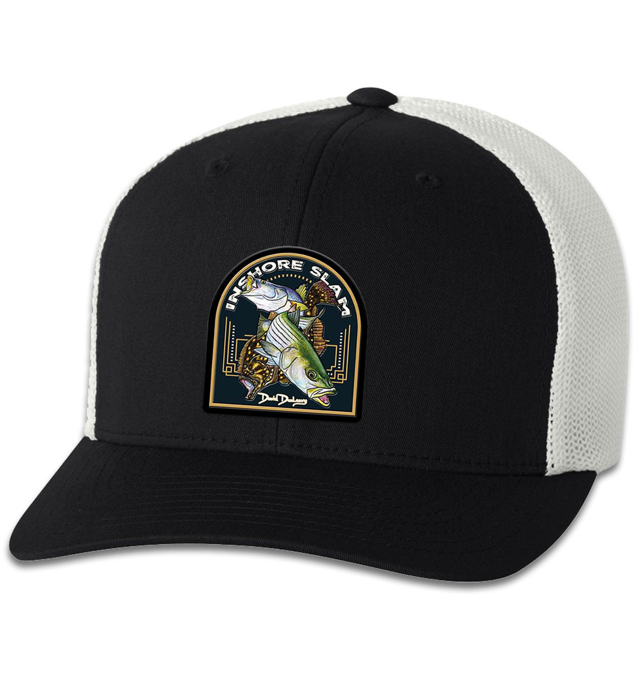 Inshore Slam 6 Panel Black White Flexfit Trucker Hat