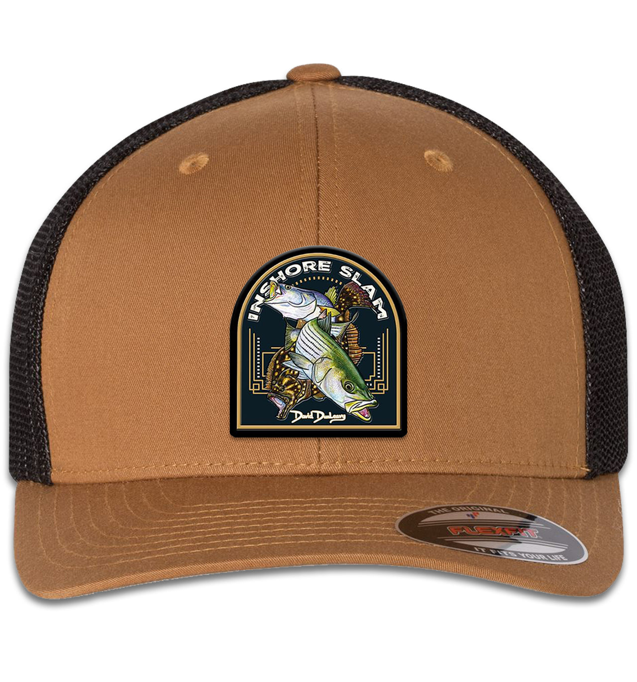 Inshore Slam 6 Panel Caramel Black Flexfit Trucker Hat