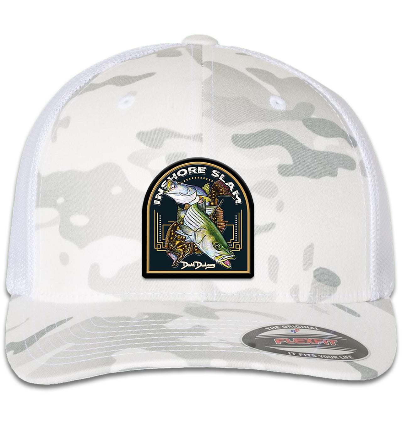 Inshore Slam 6 Panel Multicam Alpine White Flexfit Trucker Hat