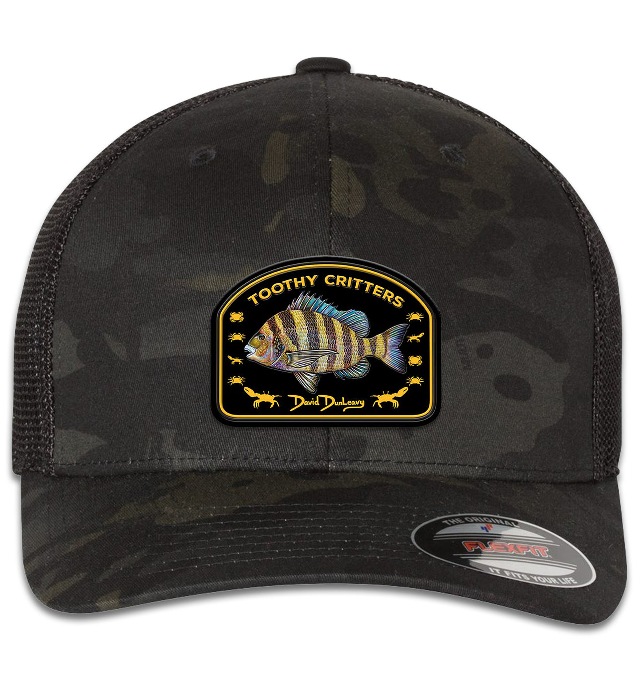 Sheepshead Toothy Critters 6 Panel Trucker Snapback Multicam Black Black Hat