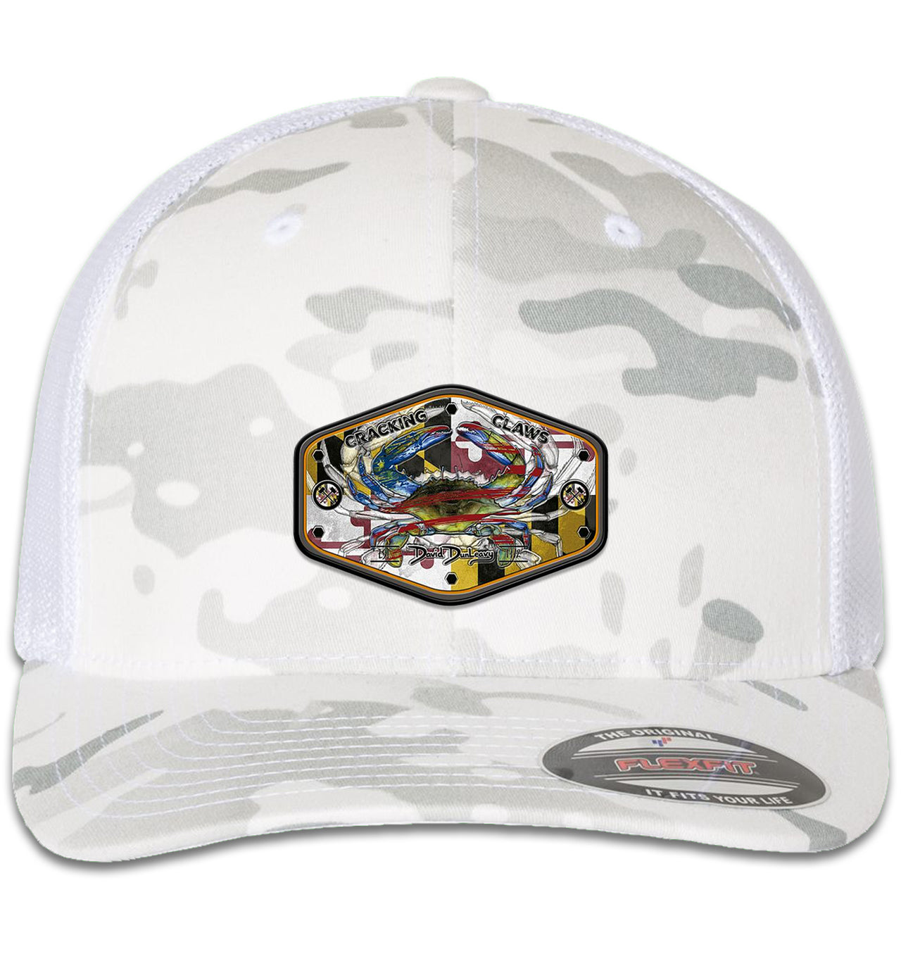 Maryland Ameri Blue Crab 6 Panel Multicam Alpine White Flexfit Trucker Hat