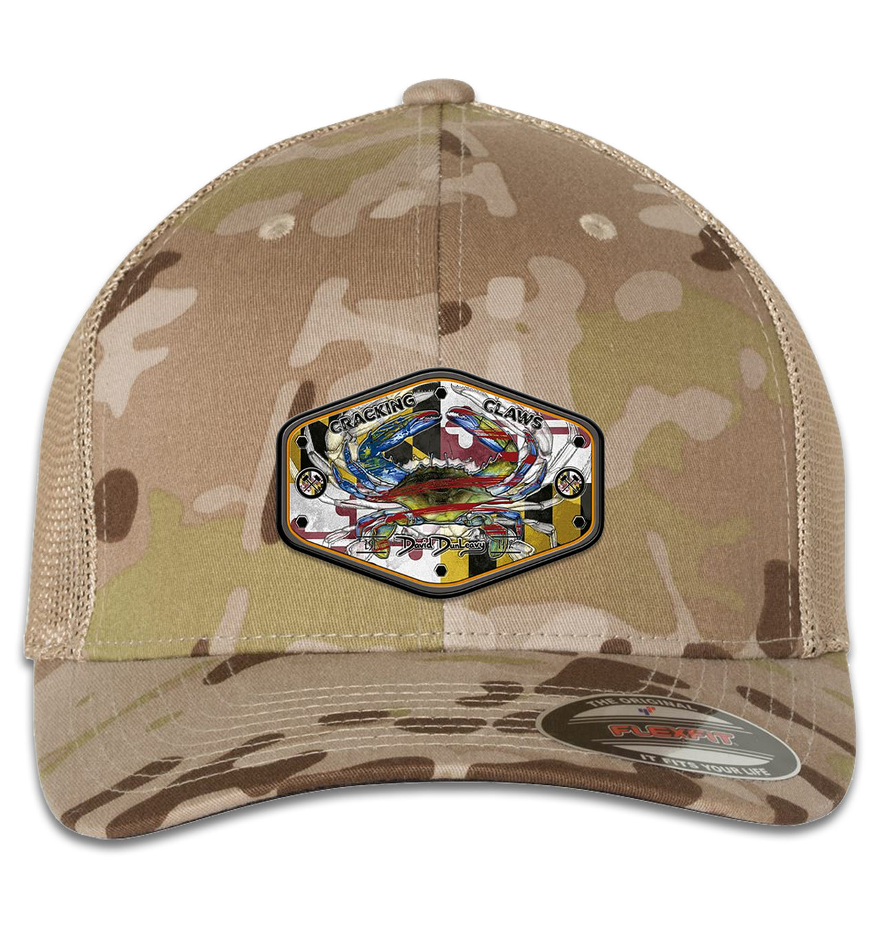 Maryland Ameri Blue Crab 6 Panel Multicam Arid Tan Flexfit Trucker Hat