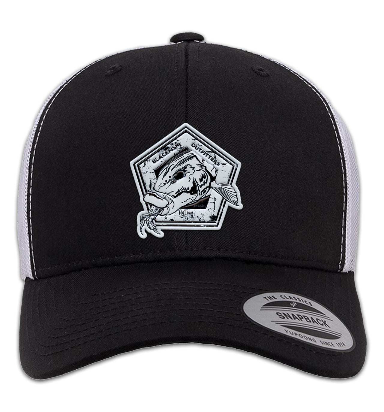 Blackfish Outfitters 6 Panel Trucker Snap Back Black White Hat