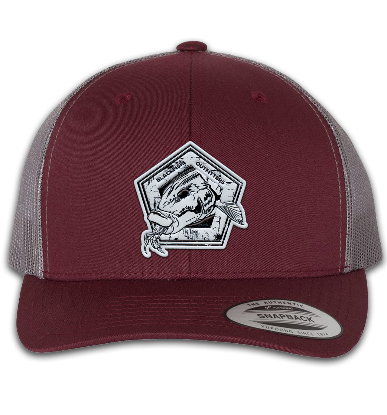 Blackfish Outfitters 6 Panel Trucker Snap Back Maroon Grey Hat
