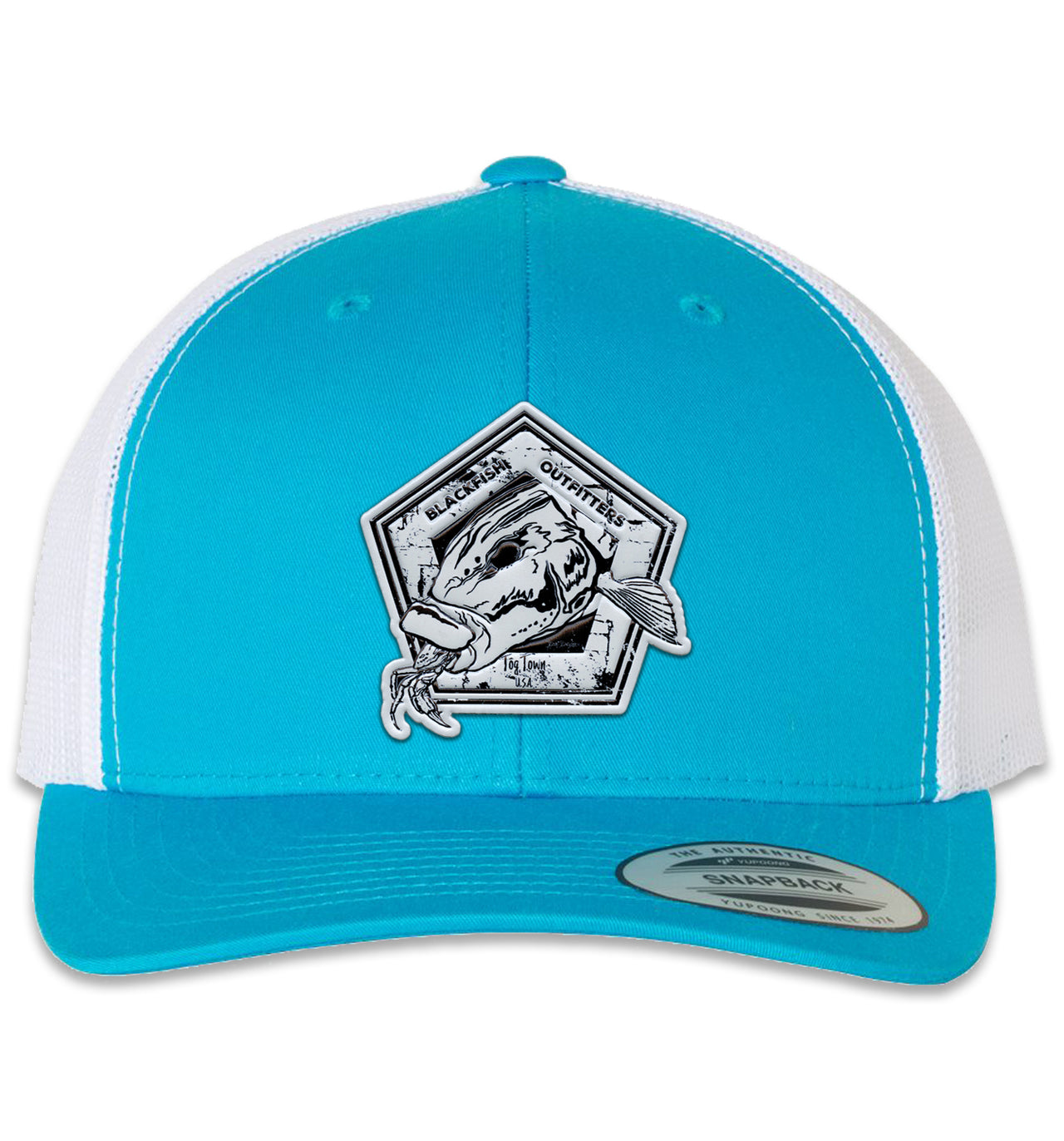 Blackfish Outfitters 6 Panel Trucker Snap Back Hat Turquoise White