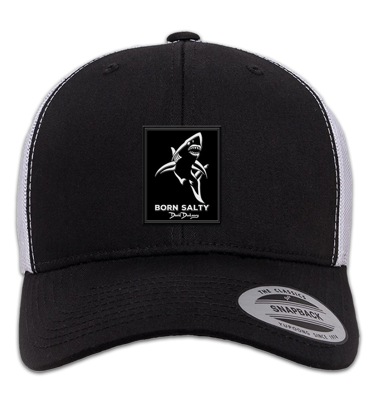 Born Salty Shark Deco 6 Panel Trucker Snapback Hat Black White
