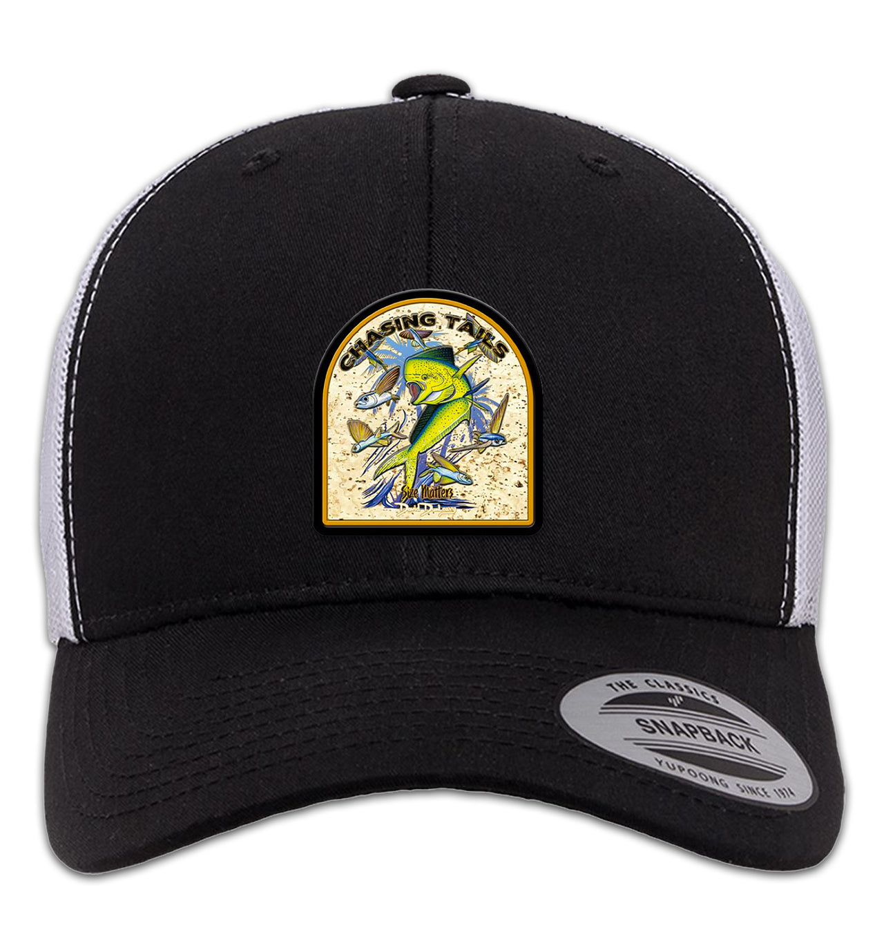 Chasing Tails Mahi 6 Panel Trucker Snapback Black White Hat