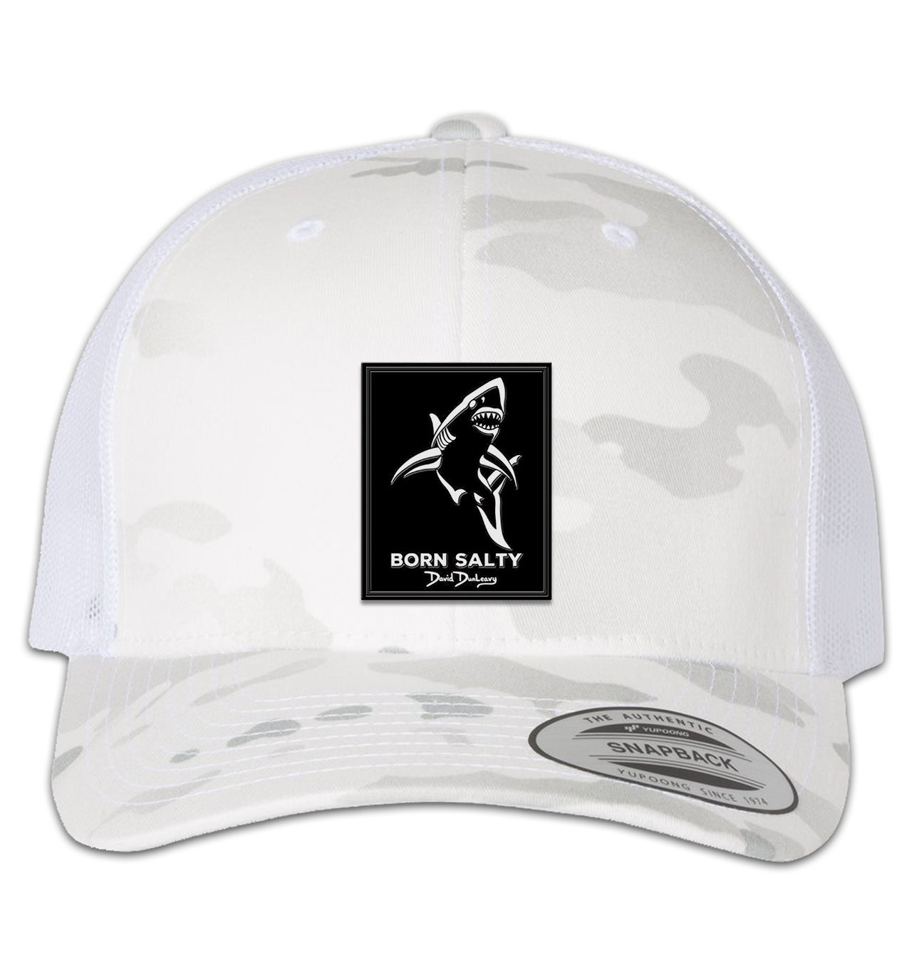 Born Salty Shark Deco 6 Panel Trucker Snapback Hat Multicam Alpine White