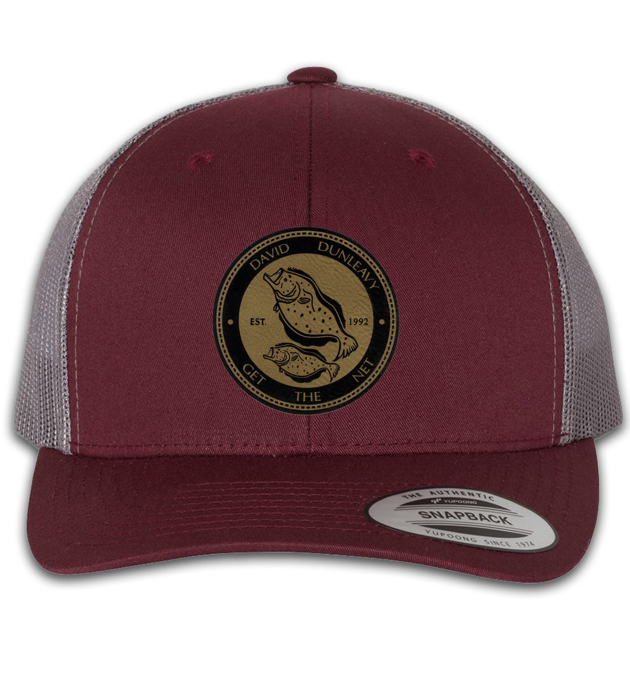 Flounder Deco 6 Panel Trucker Snap Back Hat Maroon Grey