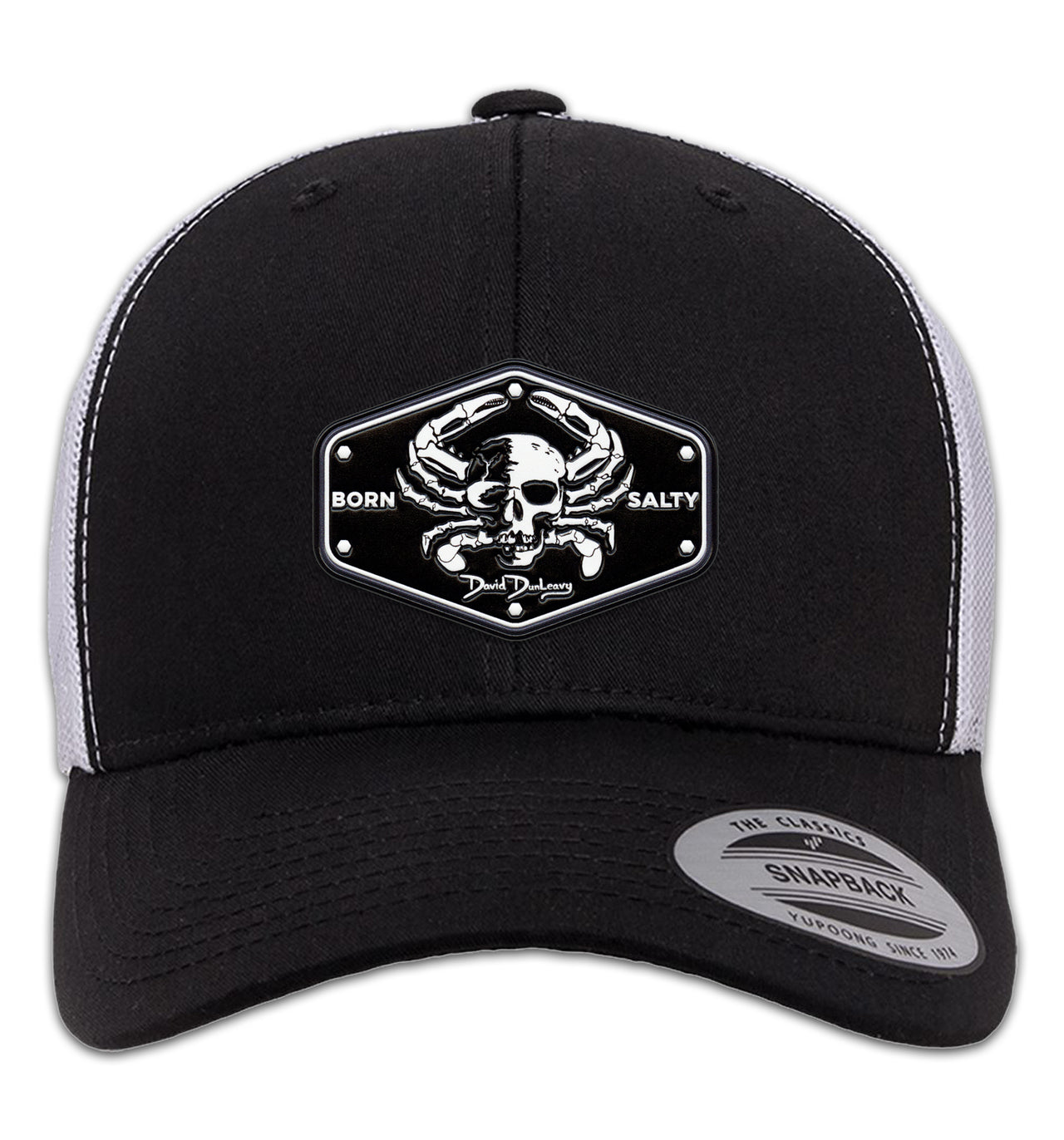 Born Salty Skull Crab 6 Panel Trucker Snap Back Black White Hat