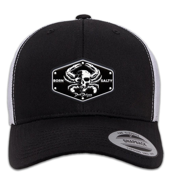 Born Salty Skull Crab 6 Panel Trucker Snap Back Black White Hat